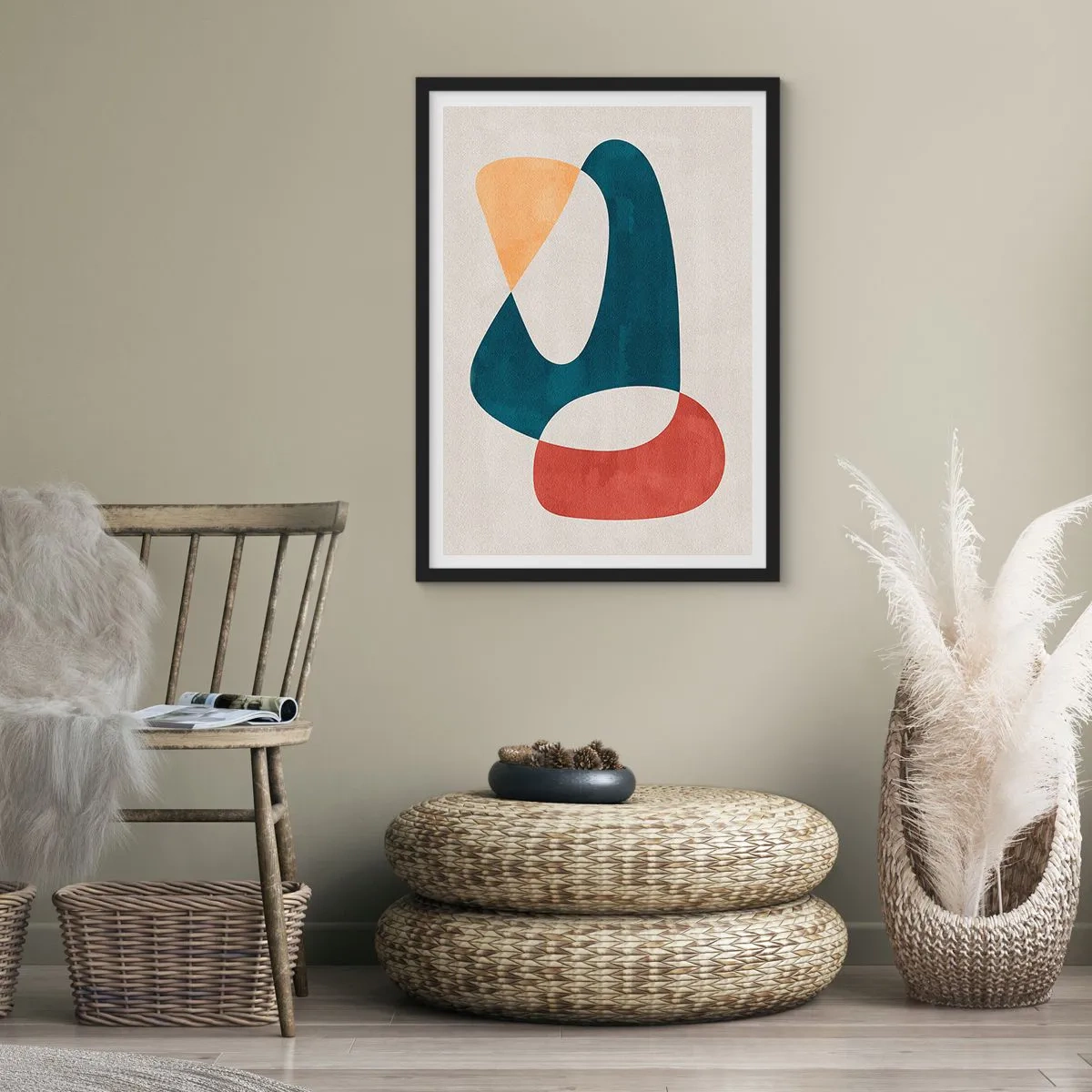Plakat i sort ramme - En abstrakt komposition af geometriske former i varme farver. - 50x70cm - Påvirkninger og metamorfoser - Moderne vægdekoration til stue og soveværelse ARTTOR