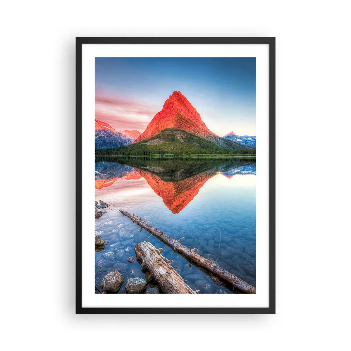Plakat i sort ramme - Et bjerg spejlet i en rolig sø - 50x70cm - Varme og kulde - Moderne vægdekoration til stue og soveværelse ARTTOR