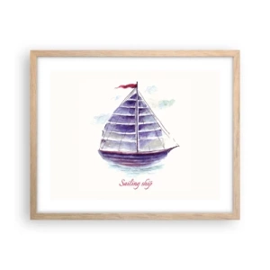 Plakat i ramme af lyst egetræ - Fulde sejl og roligt vand - 50x40 cm