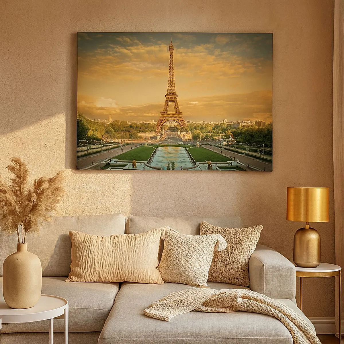 Lærredstryk - Billede på lærred - Eiffeltårnet i Paris ved solnedgang - 70x50cm - Dronningen af Paris - Moderne vægdekoration til stue og soveværelse ARTTOR