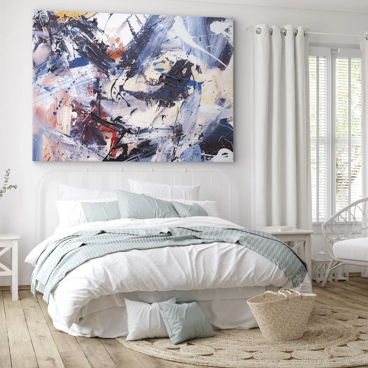 Lærredstryk - Billede på lærred - Abstraktion med dynamiske penselstrøg i blå og rød. - 70x50cm - Abstraktionens vanvittige dans - Moderne vægdekoration til stue og soveværelse ARTTOR