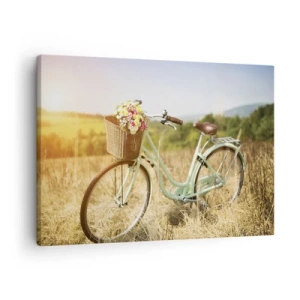 Lærredstryk - Billede på lærred - En retro cykel med en kurv fuld af blomster mod en engbaggrund. - 70x50cm - Jeg bliver her et stykke tid - Moderne vægdekoration til stue og soveværelse ARTTOR