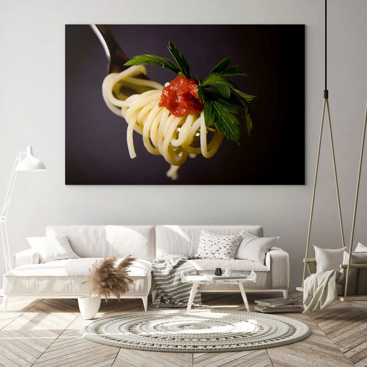 Billede på glas - Spaghetti pasta på en gaffel med tomatsauce - 70x50cm - En lækker bid - Moderne vægdekoration til stue og soveværelse ARTTOR