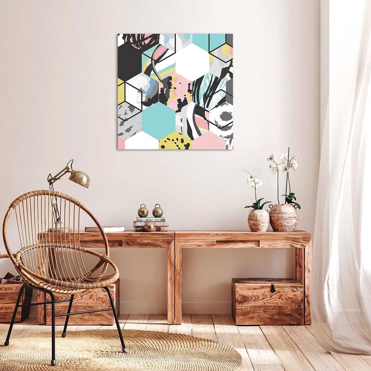 Lærredstryk - Billede på lærred - Sekskanter og terninger i seks farver - 60x60 cm