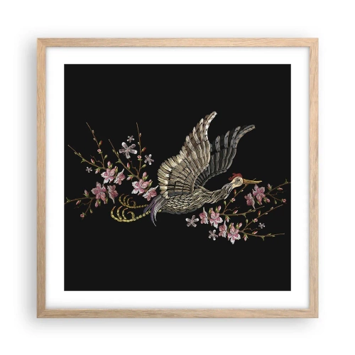 Plakat i ramme af lyst egetræ - Eksotisk broderet fugl - 50x50 cm