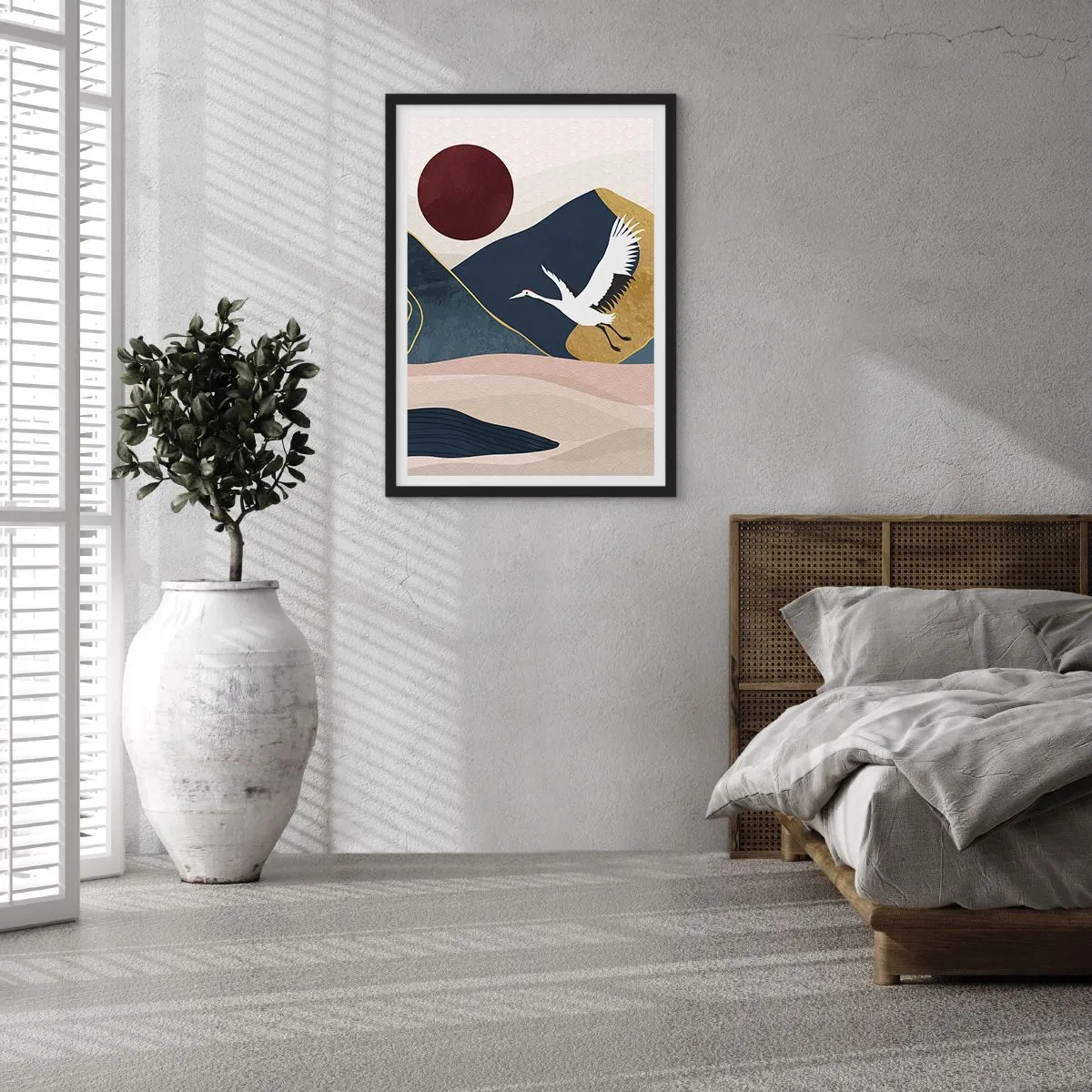 Plakat i sort ramme - Minimalistisk grafik med en kran og et bjerglandskab - 50x70cm - Og dagen er igen FLØJET af sted - Moderne vægdekoration til stue og soveværelse ARTTOR