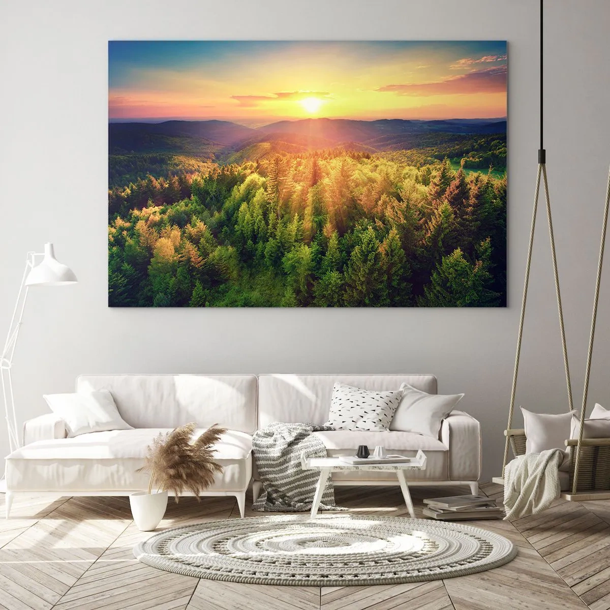 Billede på glas - Solnedgang over en bjergskov med udsigt over dalene - 70x50cm - Toppe og bjergtoppe - Moderne vægdekoration til stue og soveværelse ARTTOR