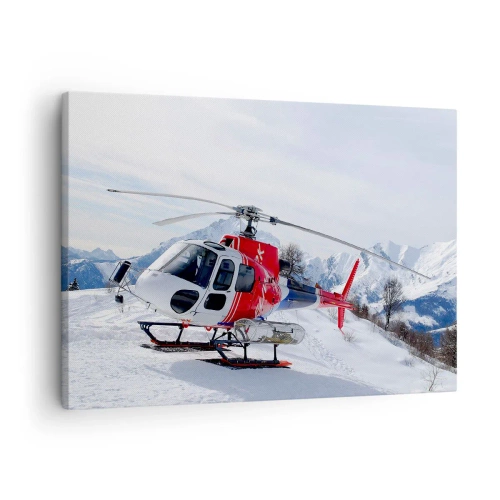 Lærredstryk - Billede på lærred - En rød helikopter mod et snedækket bjerglandskab. - 70x50cm - Altid klar - Moderne vægdekoration til stue og soveværelse ARTTOR