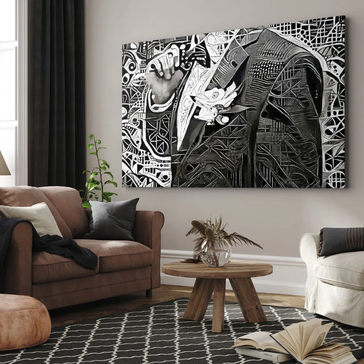 Lærredstryk - Billede på lærred - Elegant abstraktion af en mand i jakkesæt i sort og hvid - 70x50cm - Bare en tilsyneladende grå mand - Moderne vægdekoration til stue og soveværelse ARTTOR
