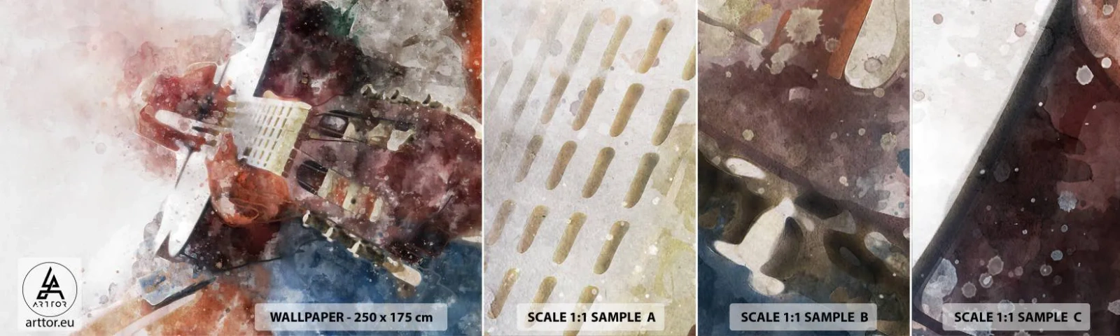 Prøve Fototapet Selvklæbende Deluxe Sticker - Og hvad synes du? - Abstraktion, musik, Guitar - 100x30 cm