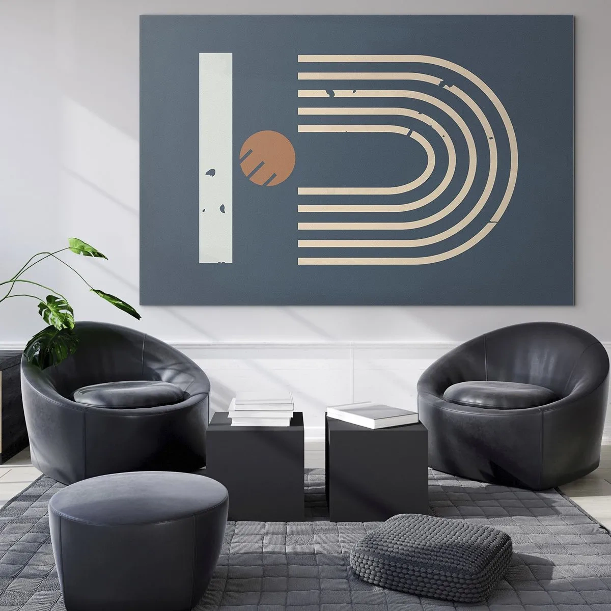 Billede på glas - Geometrisk retrokomposition på en mørk baggrund - 70x50cm - Geometri på granatæble - Moderne vægdekoration til stue og soveværelse ARTTOR