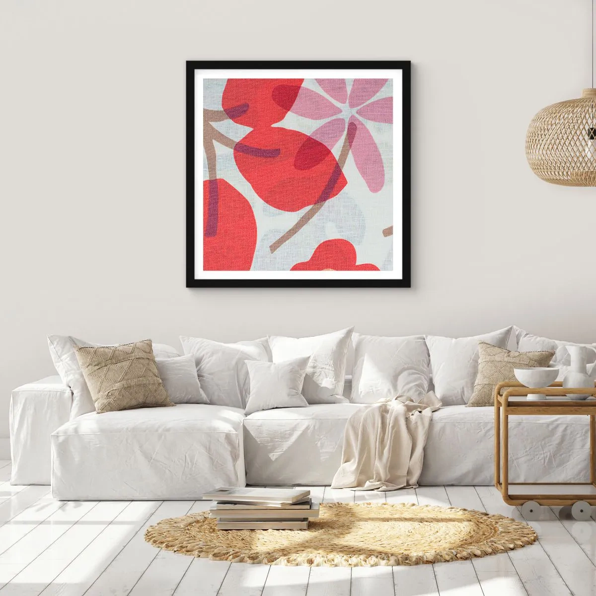 Plakat i sort ramme - Blomsterkomposition i pink - 30x30 cm