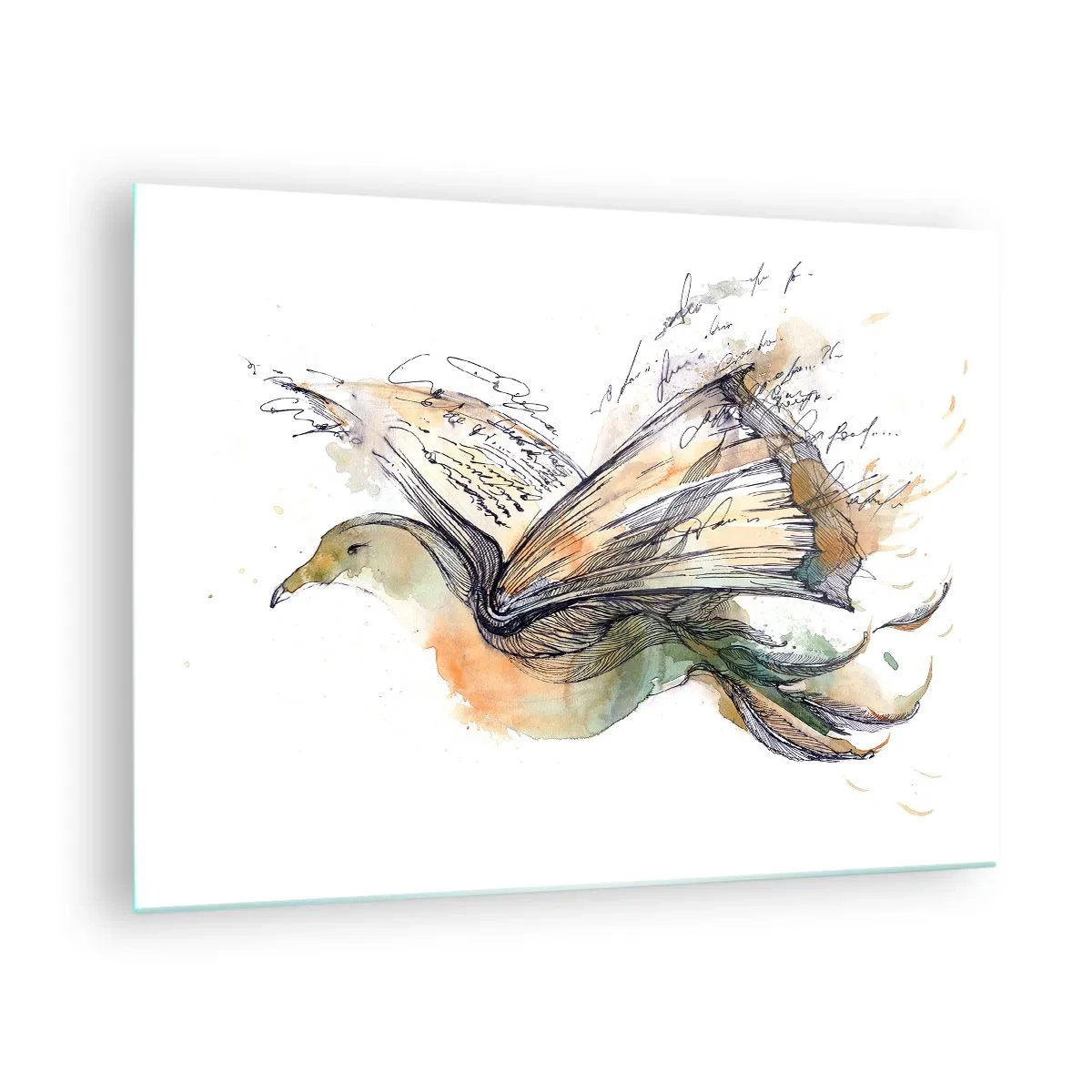 Billede på glas - En fugl fra en udrullet bog, en kunstnerisk metafor for viden - 70x50cm - På poesiens vinger - Moderne vægdekoration til stue og soveværelse ARTTOR