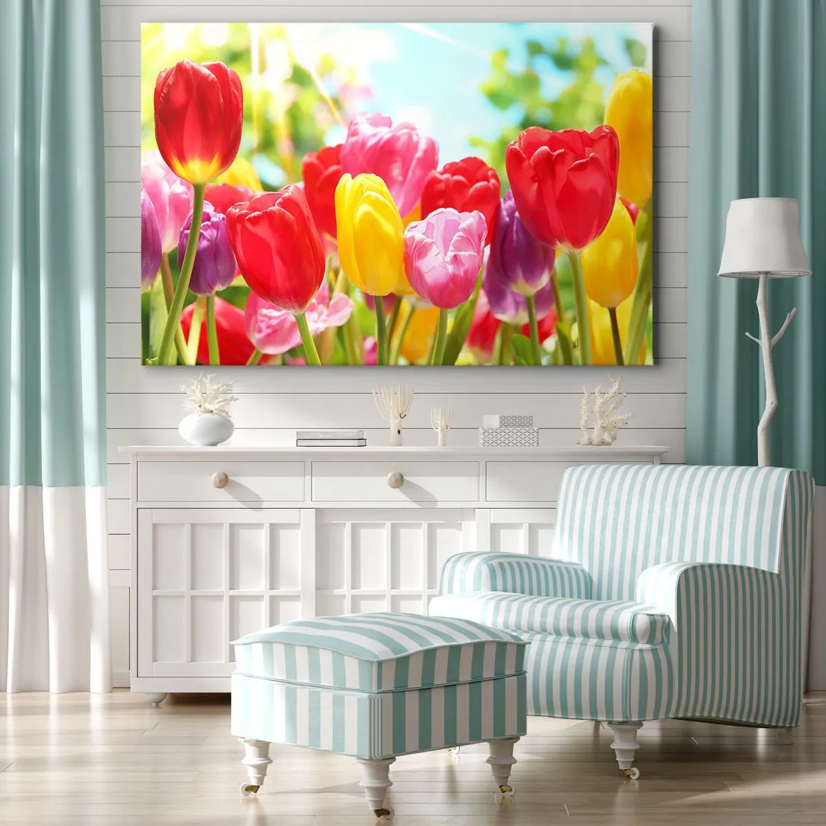 Lærredstryk - Billede på lærred - Farverige tulipaner i fuldt flor mod en forårsbaggrund - 70x50cm - Det er os, maj måneds farver! - Moderne vægdekoration til stue og soveværelse ARTTOR