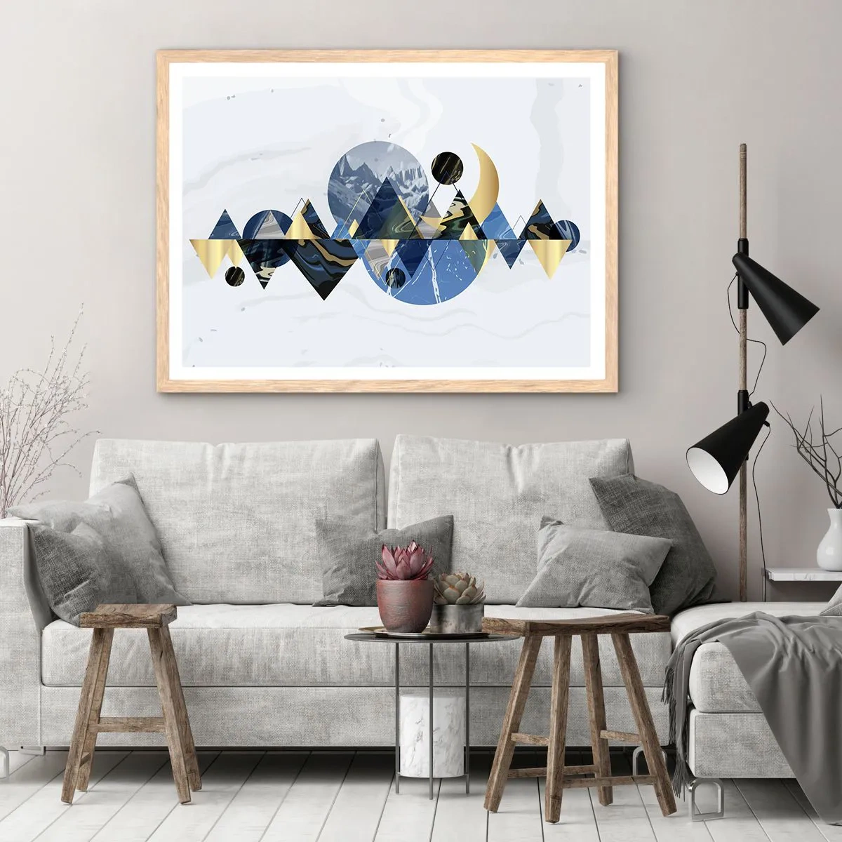 Plakat i ramme af lyst egetræ - Geometrisk landskab - 100x70 cm