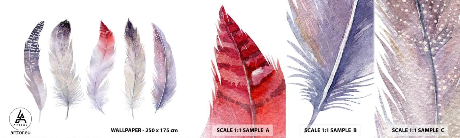 Prøve Fototapet Selvklæbende Deluxe Sticker - Delikat som en flerfarvet tåge - Fuglefjer, Boho, Grafik - 100x30 cm