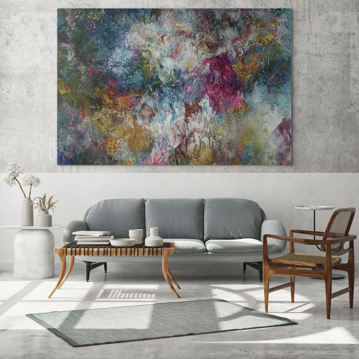 Billede på glas - En abstrakt komposition af farverige blomster i intense farver. - 70x50cm - I fuldt flor - Moderne vægdekoration til stue og soveværelse ARTTOR