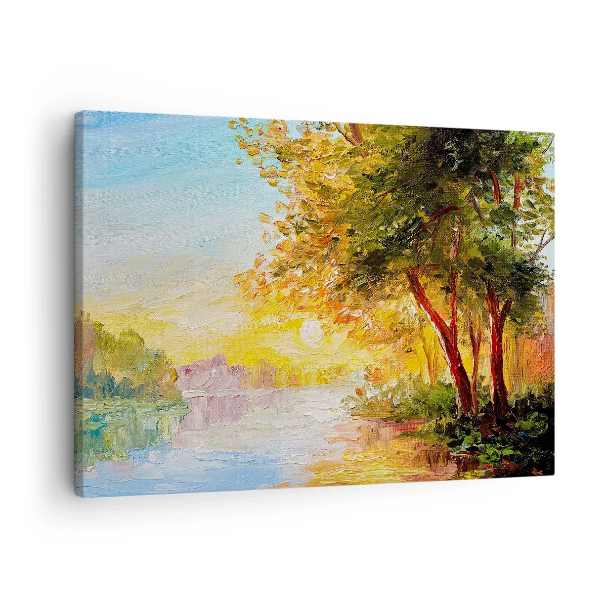 Lærredstryk - Billede på lærred - Et malerisk landskab med en flod og træer ved solnedgang - 70x50cm - Et in Arcadia ego - Moderne vægdekoration til stue og soveværelse ARTTOR