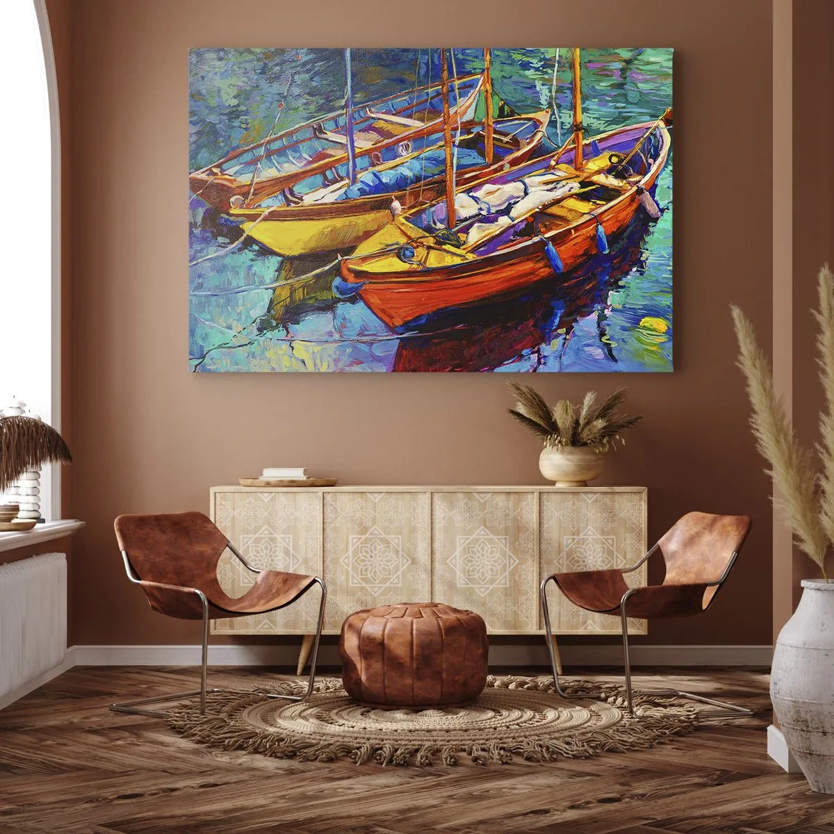 Lærredstryk - Billede på lærred - Farverige både på roligt vand - 70x50cm - På vand, der er tykt af farve - Moderne vægdekoration til stue og soveværelse ARTTOR