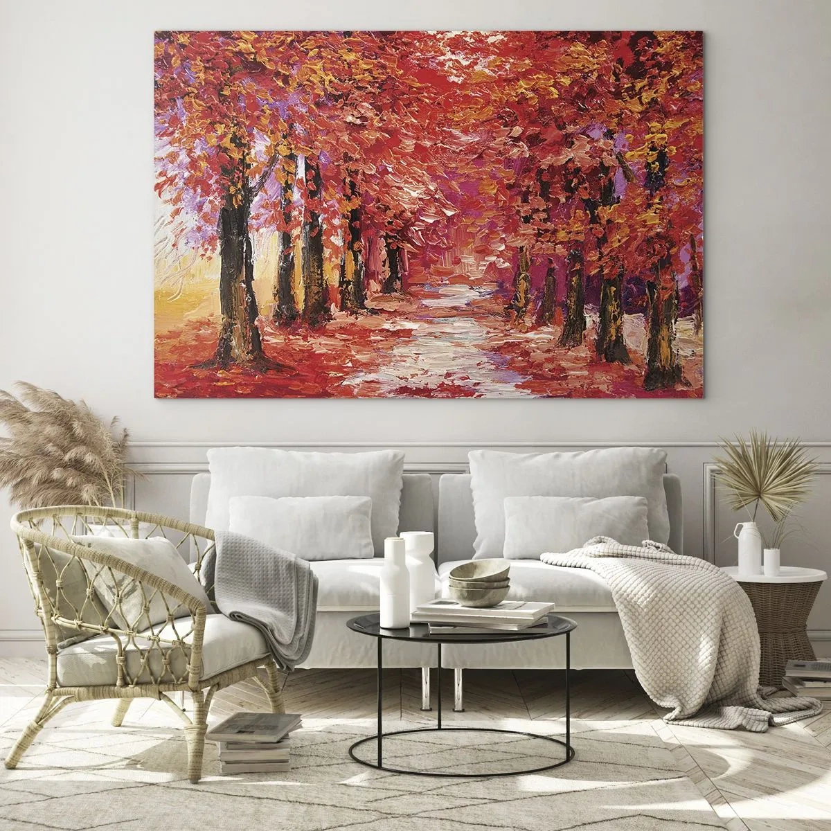 Billede på glas - En malerisk gyde i efterårsfarver fulde af varme nuancer - 70x50cm - Efterårets indtryk - Moderne vægdekoration til stue og soveværelse ARTTOR