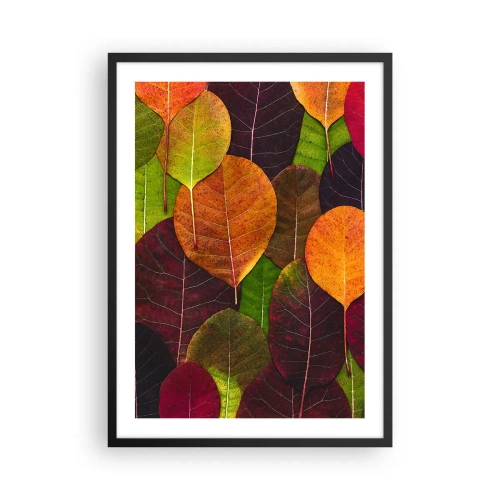 Plakat i sort ramme - Farverige blade i nuancer af grønt, orange og rødt arrangeret i et mosaikmønster - 50x70cm - Efterårsmosaik - Moderne vægdekoration til stue og soveværelse ARTTOR