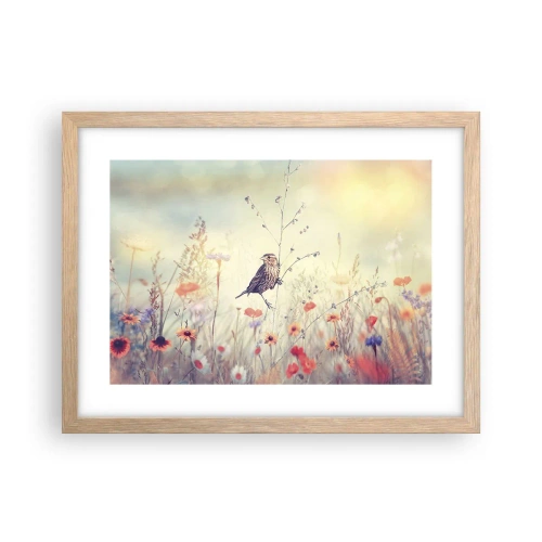 Plakat i ramme af lyst egetræ - Fugleportræt med en eng i baggrunden - 40x30 cm
