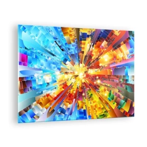 Billede på glas - En abstrakt eksplosion af farver i en dynamisk, geometrisk komposition. - 70x50cm - In medias res - Moderne vægdekoration til stue og soveværelse ARTTOR