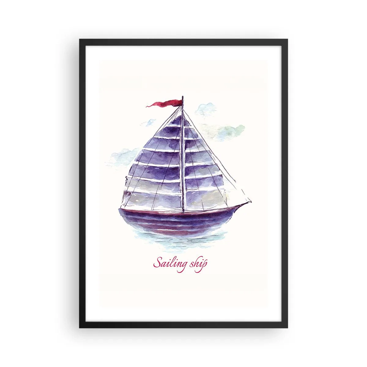 Plakat i sort ramme - Akvarelillustration af et sejlskib på roligt vand - 50x70cm - Fulde sejl og roligt vand - Moderne vægdekoration til stue og soveværelse ARTTOR