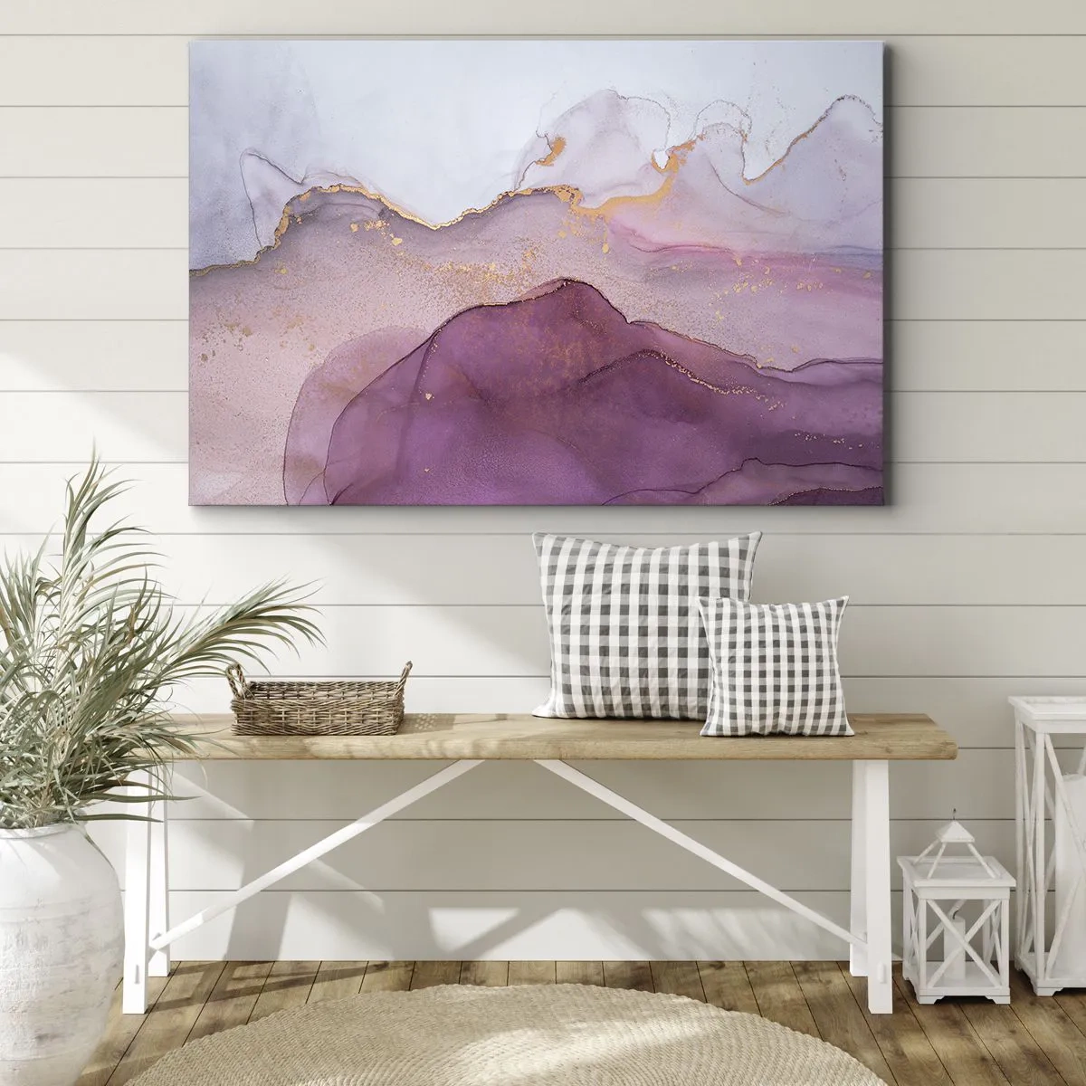 Lærredstryk - Billede på lærred - En abstrakt komposition i nuancer af lilla og guld. - 70x50cm - Lilla og violette bølger - Moderne vægdekoration til stue og soveværelse ARTTOR