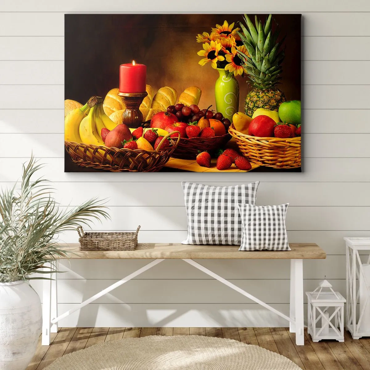 Lærredstryk - Billede på lærred - Stilleben med frugt, brød, stearinlys og blomster - 70x50cm - Stilleben med brød og frugt - Moderne vægdekoration til stue og soveværelse ARTTOR