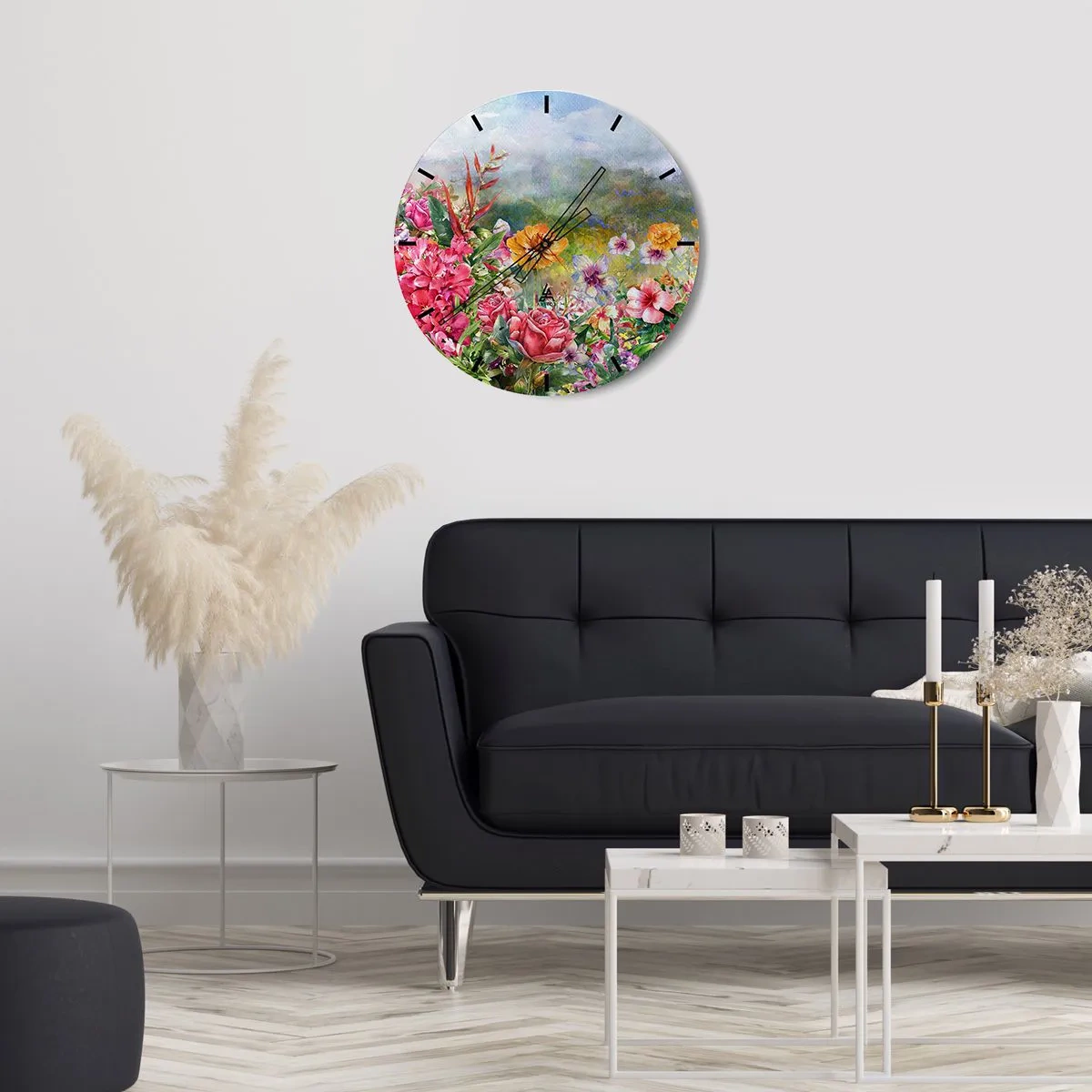 Vægur, Uret - En farverig have fuld af blomster mod en landskabs baggrund - 30x30cm - En have, der er gået amok - Moderne vægdekoration til stue, køkken og soveværelse ARTTOR
