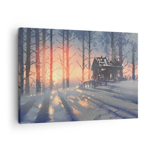Lærredstryk - Billede på lærred - En skovhytte i et vinterlandskab med solens stråler - 70x50cm - Kun solen kigger her - Moderne vægdekoration til stue og soveværelse ARTTOR