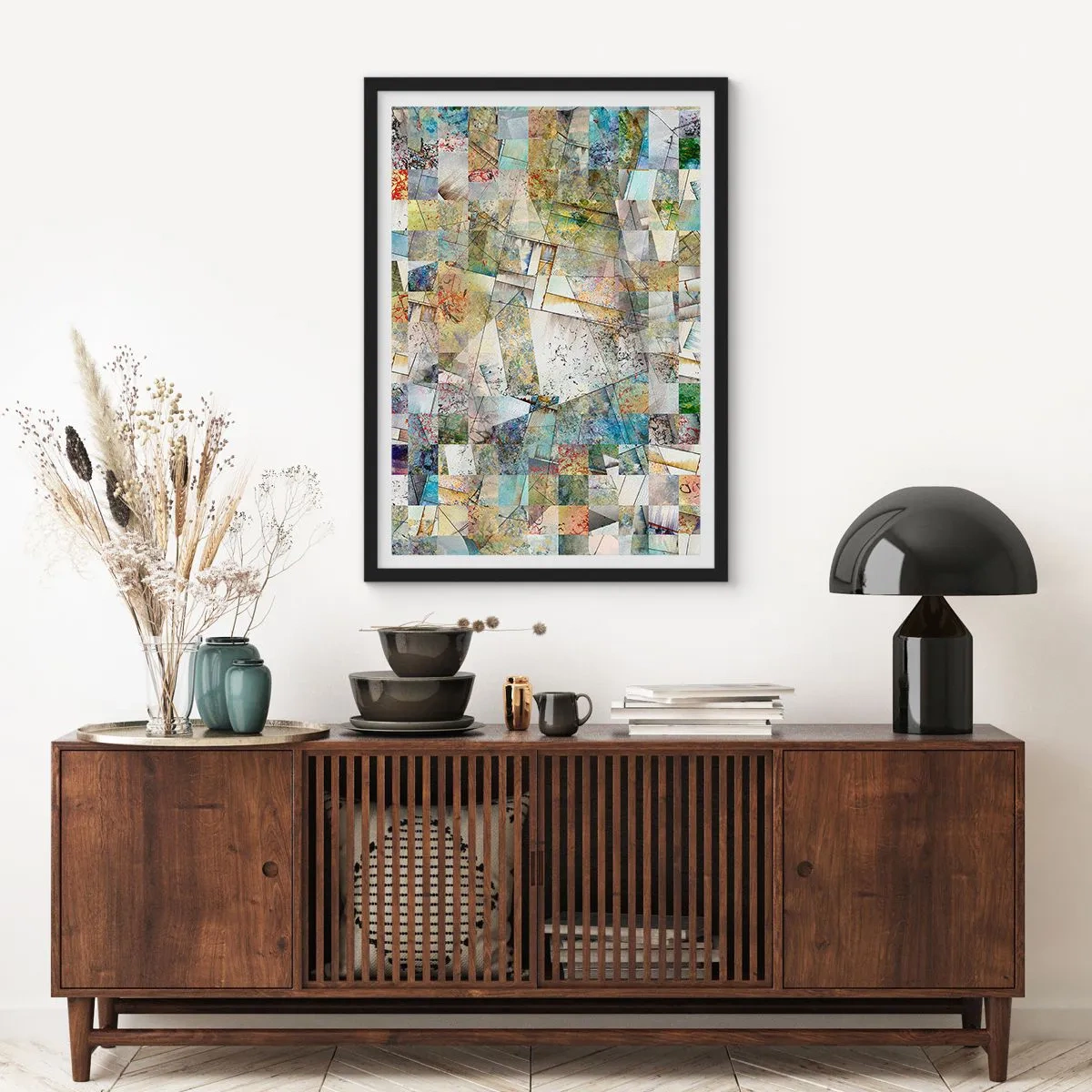 Plakat i sort ramme - En abstrakt mosaik af geometriske former i jordfarver. - 50x70cm - Geometrisk ommøblering - Moderne vægdekoration til stue og soveværelse ARTTOR