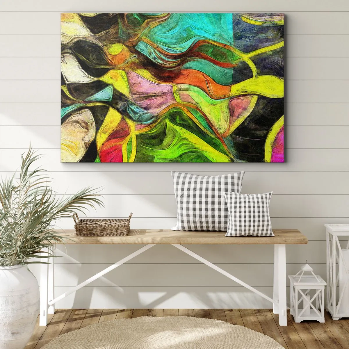 Lærredstryk - Billede på lærred - En abstrakt komposition med farverige pletter og dynamiske linjer. - 70x50cm - Bevægelse er liv - Moderne vægdekoration til stue og soveværelse ARTTOR