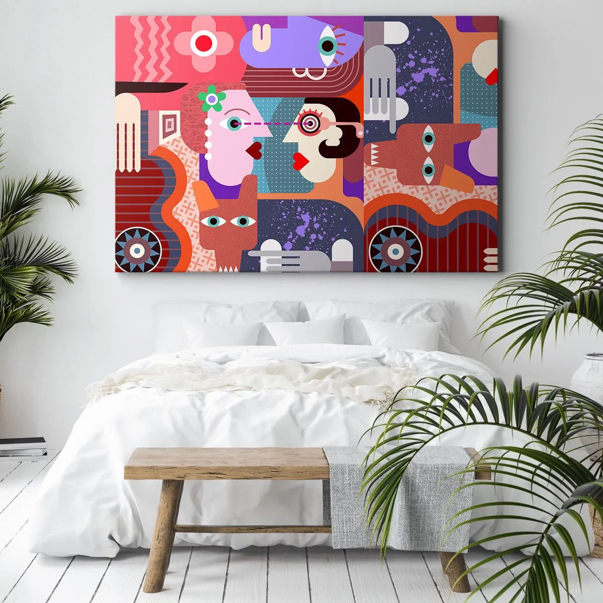 Lærredstryk - Billede på lærred - Abstrakte figurer i levende farver - 70x50cm - Øje mod øje - Moderne vægdekoration til stue og soveværelse ARTTOR