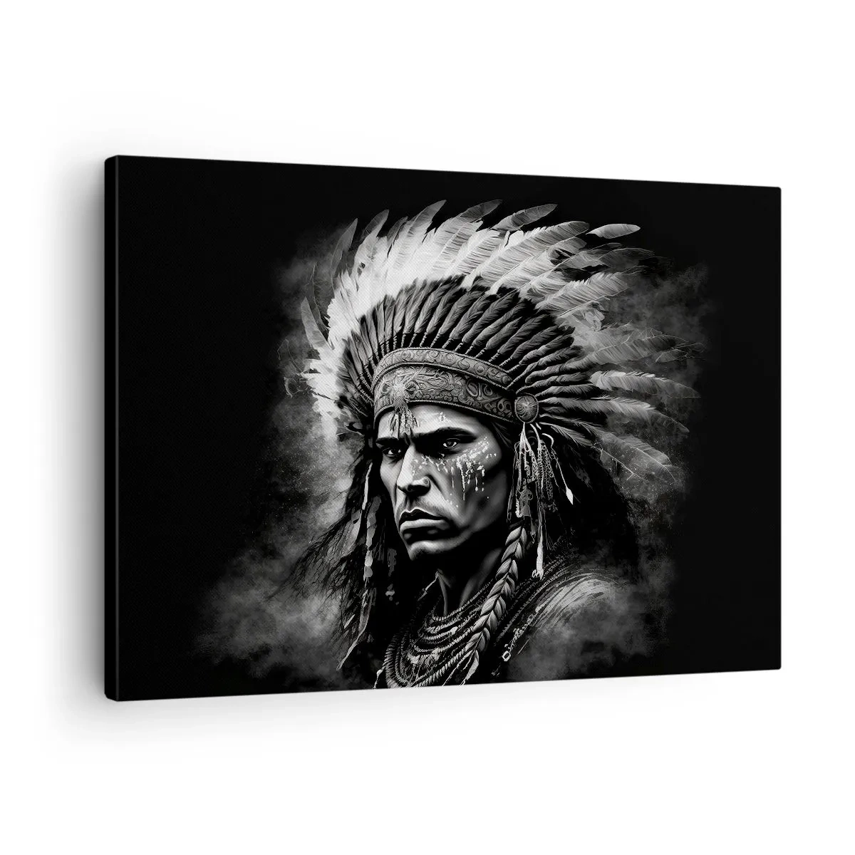 Lærredstryk - Billede på lærred - Portræt af en høvding i en fjerdragt mod en sort baggrund - 70x50cm - Leder og kriger - Moderne vægdekoration til stue og soveværelse ARTTOR