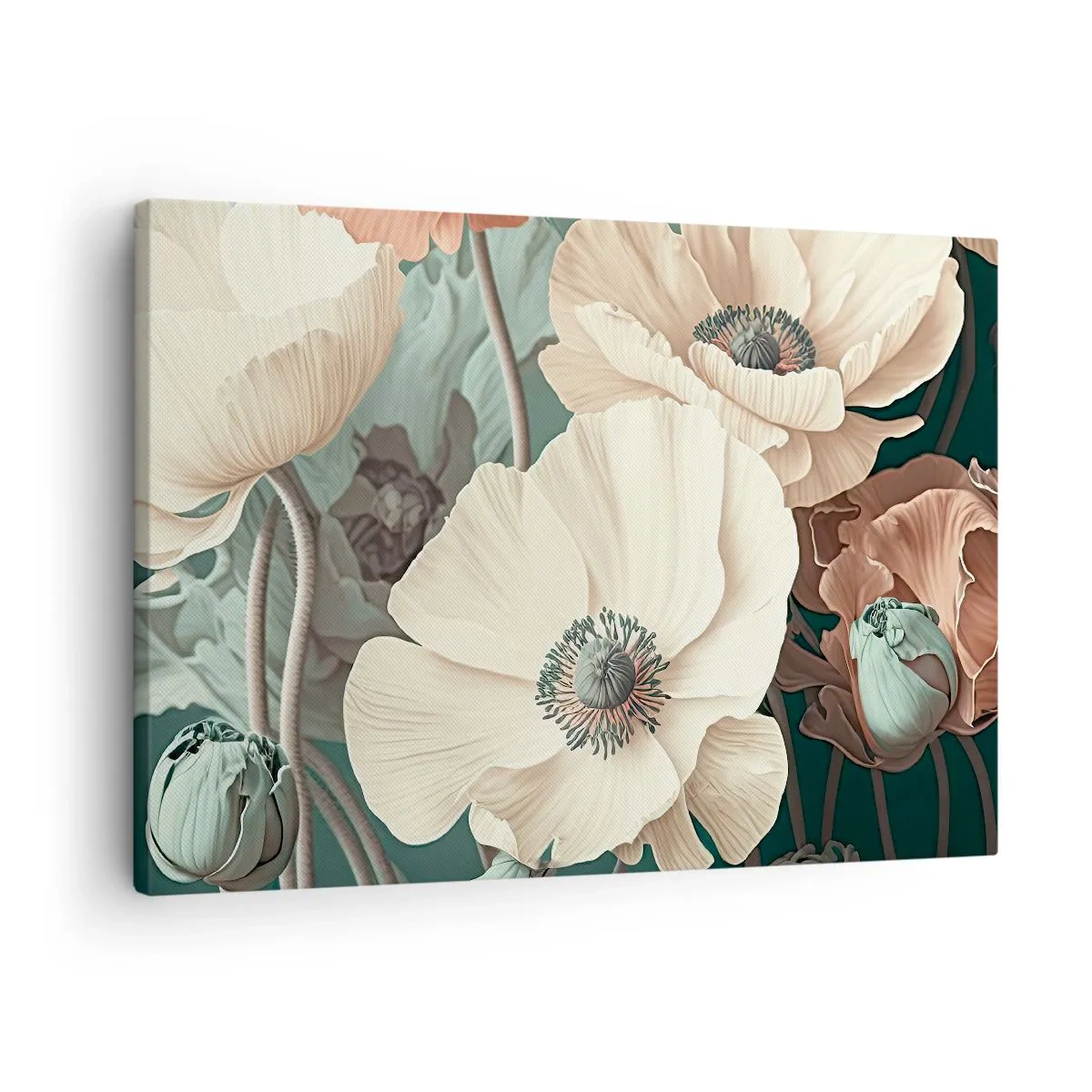 Lærredstryk - Billede på lærred - Elegante blomster i pastelfarver på en grøn baggrund - 70x50cm - Valmuernes hvisken - Moderne vægdekoration til stue og soveværelse ARTTOR