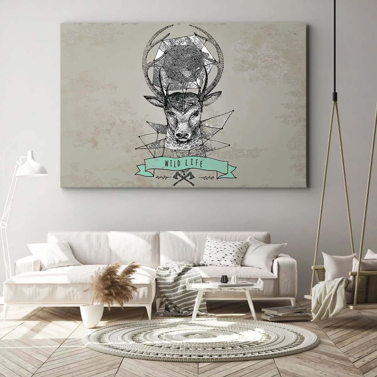 Lærredstryk - Billede på lærred - Hjortegeometri i vintagestil med Wild Life-skrift - 70x50cm - Synet af sankt Hubertus - Moderne vægdekoration til stue og soveværelse ARTTOR