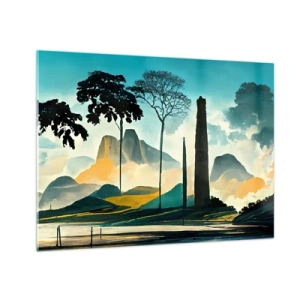 Billede på glas - Et fantasilandskab med bjerge, træer og en tårnhøj klippe - 70x50cm - Stadig højere og højere - Moderne vægdekoration til stue og soveværelse ARTTOR