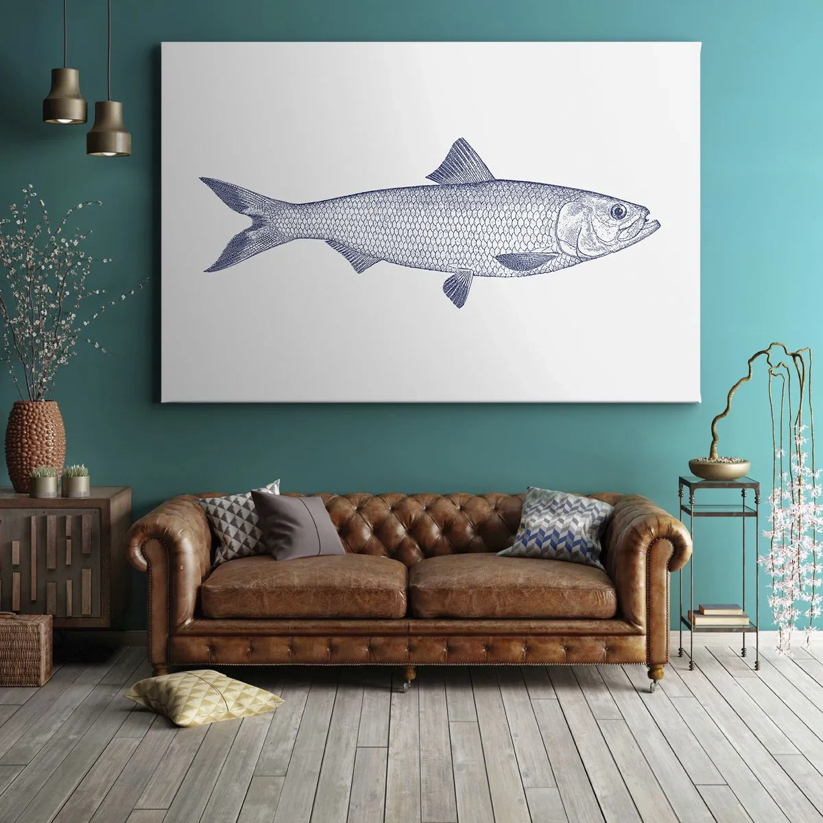 Lærredstryk - Billede på lærred - Illustration af en fisk i blå nuancer på en lys baggrund - 70x50cm - Hilsner fra de nordlige have - Moderne vægdekoration til stue og soveværelse ARTTOR