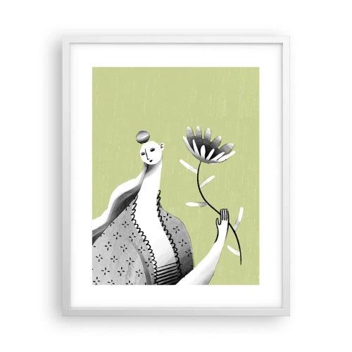 Plakat i hvid ramme - Modernistisk portræt - holder en blomst - 40x50 cm