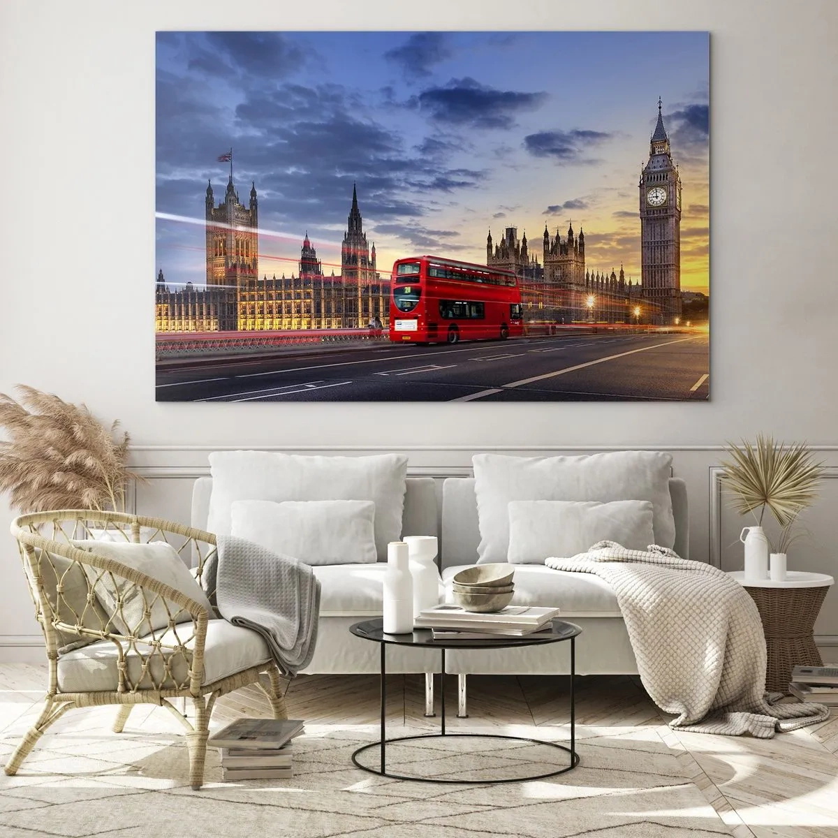 Billede på glas - Big Ben og den røde bus i London ved solnedgang - 70x50cm - Særlige kendetegn - Moderne vægdekoration til stue og soveværelse ARTTOR