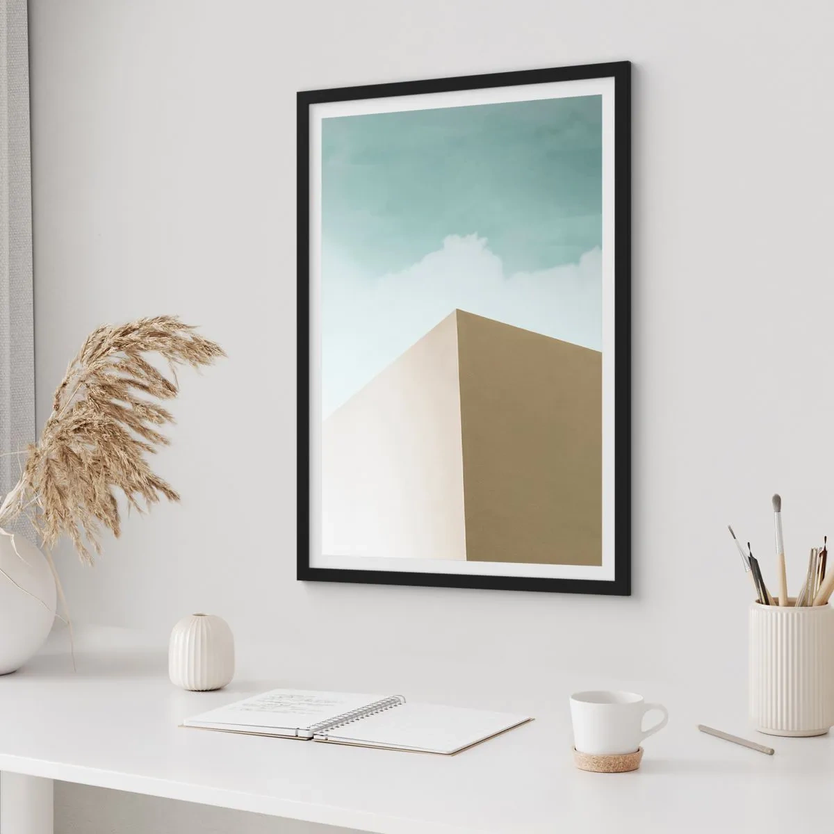 Plakat i sort ramme - En minimalistisk bygning med en delikat himmel - 50x70cm - Geometri af en solrig sommer - Moderne vægdekoration til stue og soveværelse ARTTOR