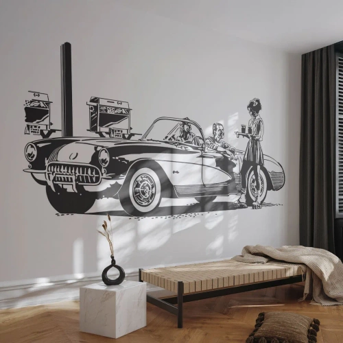 Fototapet Selvklæbende Deluxe Sticker - 60. - det ubekymrede Amerika - Veteranbil, Tankstation, Amerika - 250x175 cm