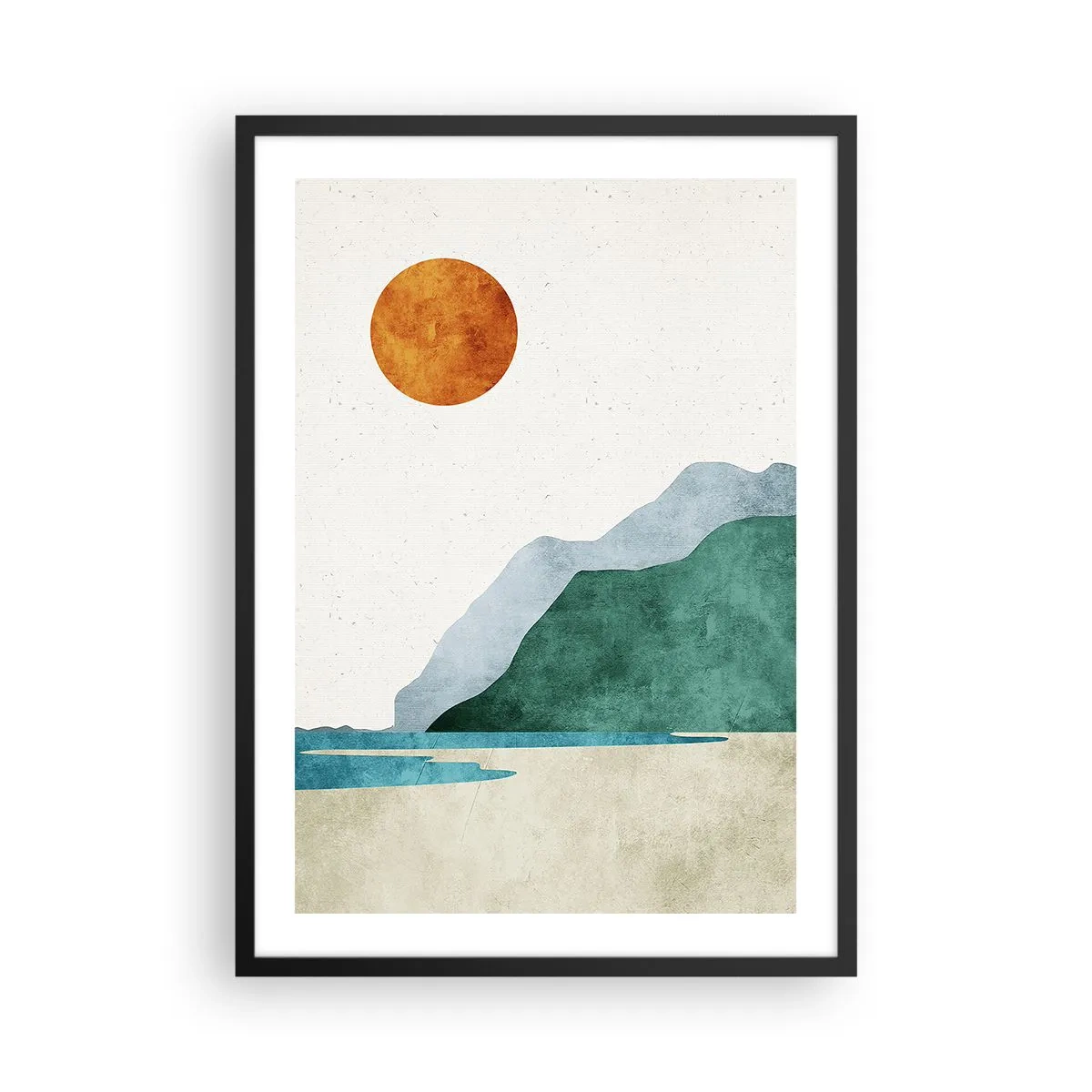 Plakat i sort ramme - Minimalistisk bjerglandskab med strand og sol - 50x70cm - Landskab, som det burde være - Moderne vægdekoration til stue og soveværelse ARTTOR