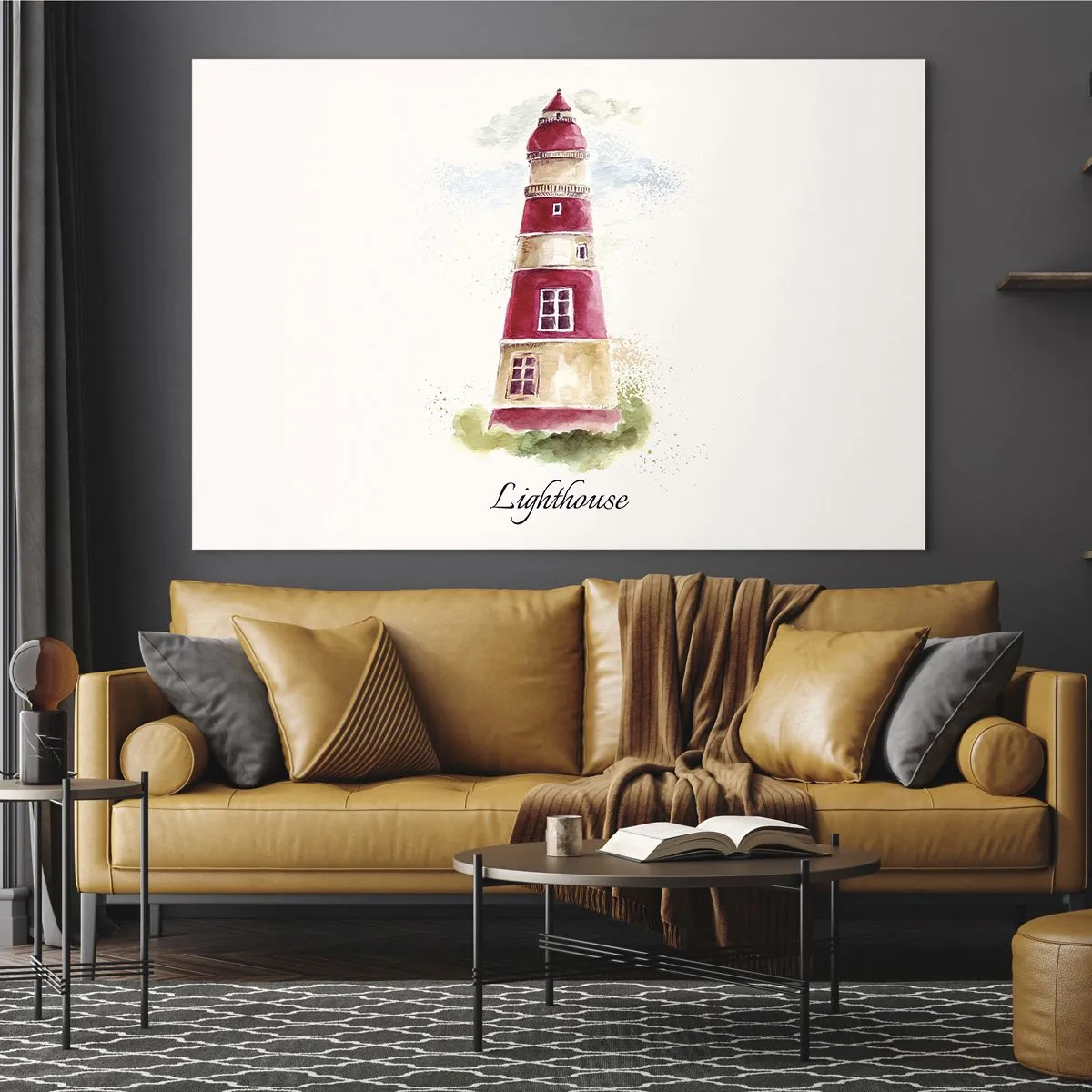 Billede på glas - Akvarel fyrtårn med indskriften Fyrtårn - 70x50cm - Altid vejret omkring - Moderne vægdekoration til stue og soveværelse ARTTOR