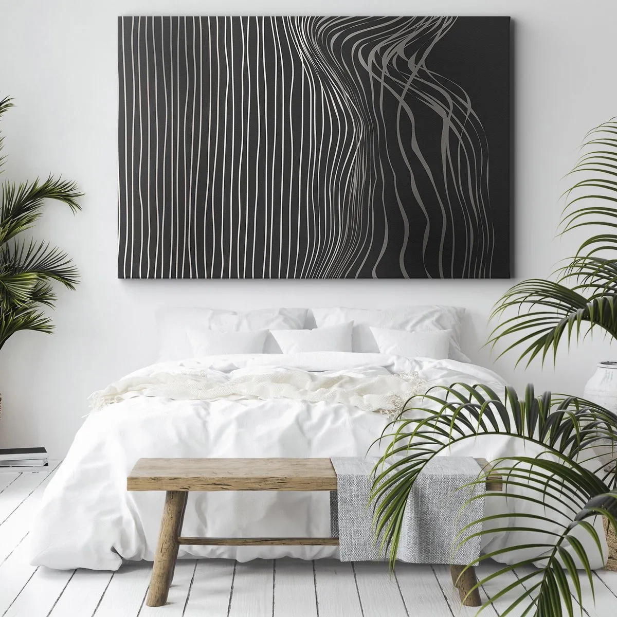 Lærredstryk - Billede på lærred - Hvide linjer på en mørkegrå baggrund i et abstrakt arrangement - 70x50cm - Rytme og accent - Moderne vægdekoration til stue og soveværelse ARTTOR