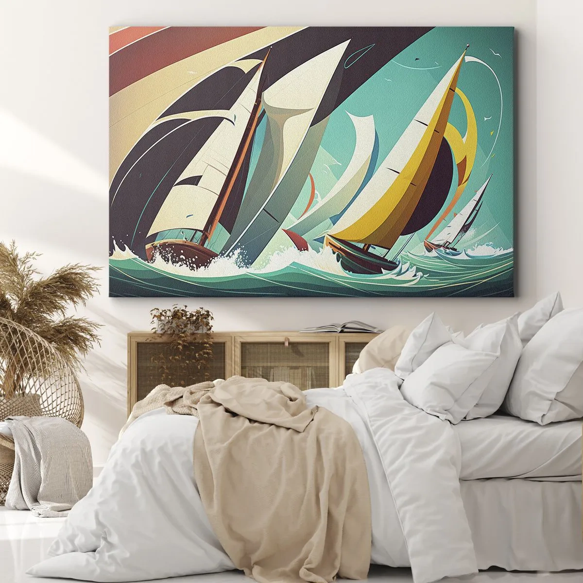Lærredstryk - Billede på lærred - En dynamisk illustration af sejlbåde i et stormfuldt hav. - 70x50cm - Tæt på og personligt med elementerne - Moderne vægdekoration til stue og soveværelse ARTTOR