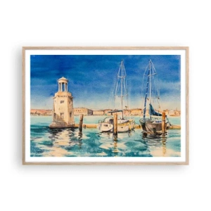 Plakat i ramme af lyst egetræ - Solrig lagune - 100x70 cm