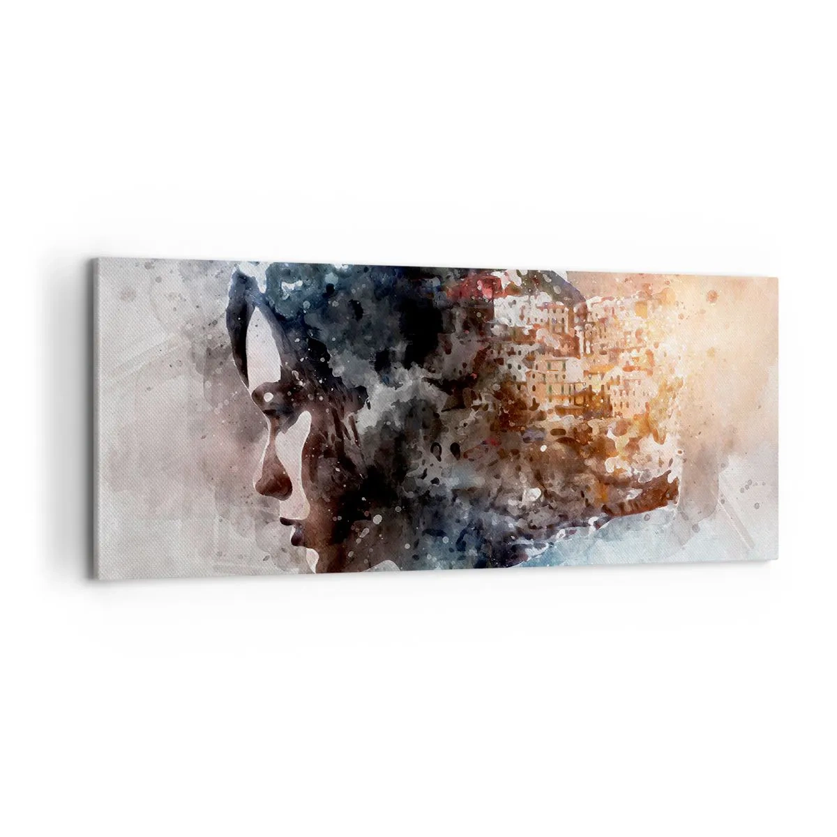 Lærredstryk - Billede på lærred - Historien om en pige med en by i baggrunden - 100x40 cm
